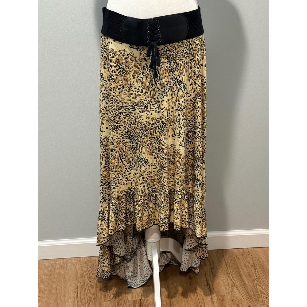 Robert Louis Animal Print High Low Maxi Skirt Corset Waist Tan Black Large